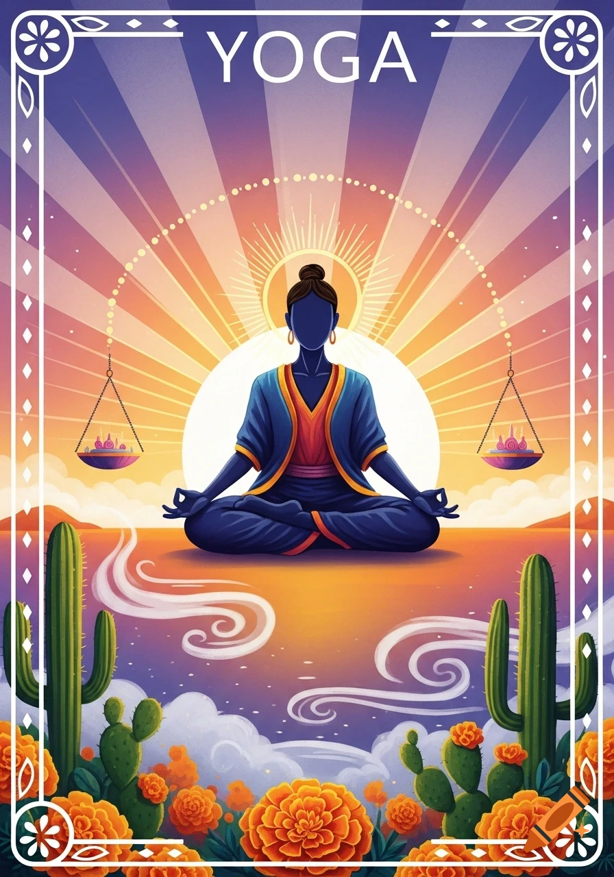 Stylized illustration of a person meditating in a lotus pose at sunset in a desert, surrounded by cactuses and marigolds, with the word YOGA at the top.