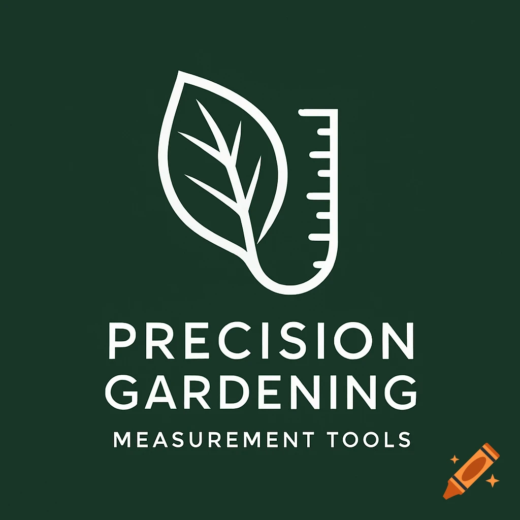 Logo for Precision Gardening featuring a white leaf and ruler icon on a dark green background, with text 'Precision Gardening Measurement Tools'.