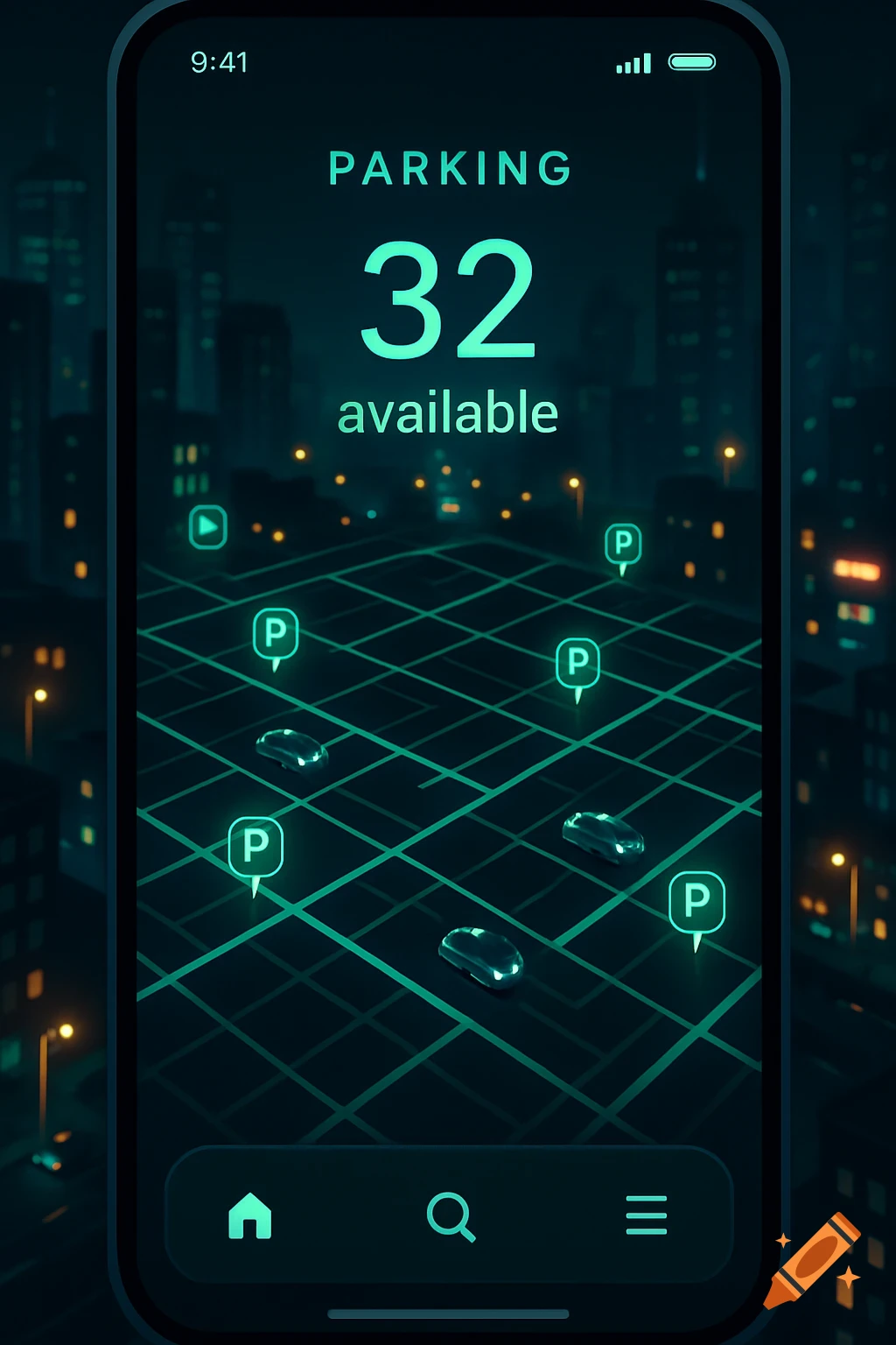 A smartphone displays a dark mobile app with 'PARKING 32 available' over a glowing grid map of a city with cars and P icons.