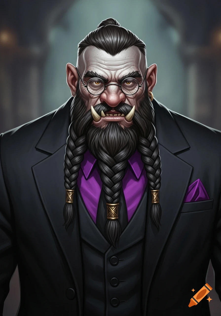 Portrait of a distinguished chaos dwarf with grey skin, braided beard, tusks, reading glasses, and a black suit with a purple shirt.