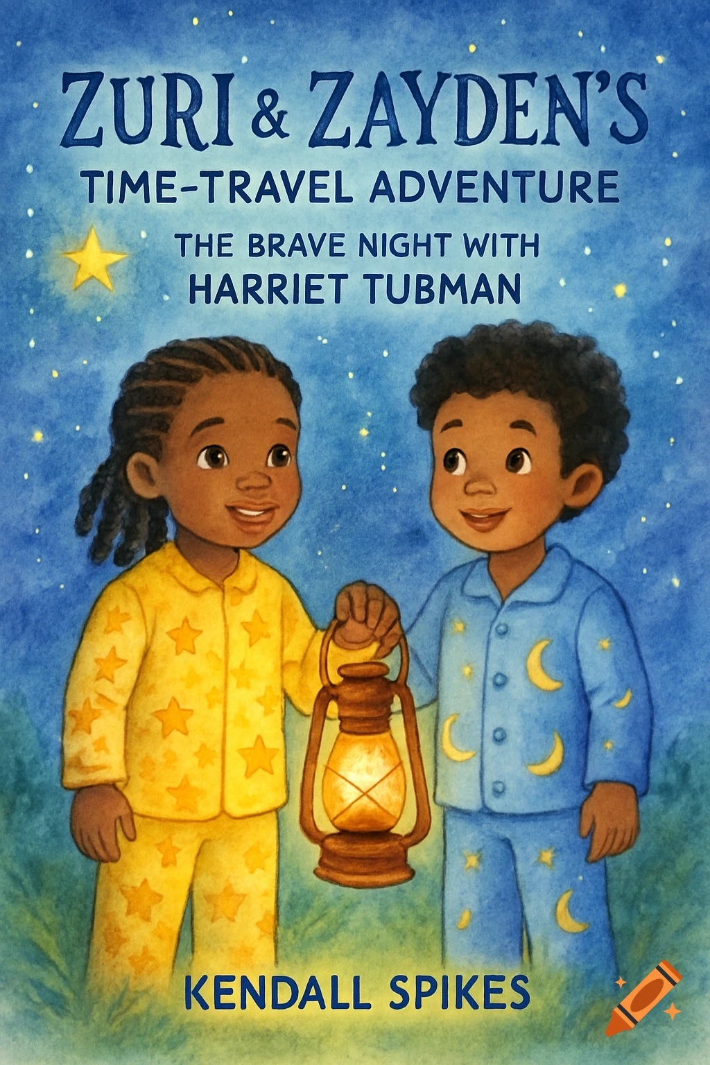 Whimsical watercolor children's book cover for Zuri & Zayden's Time-Travel Adventure. Two Black children in pajamas hold a glowing lantern under a star-filled night sky.