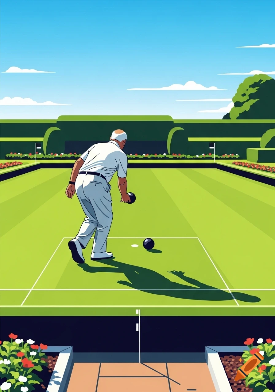 Vector art of an elderly man playing lawn bowls on a green field under a clear sky.