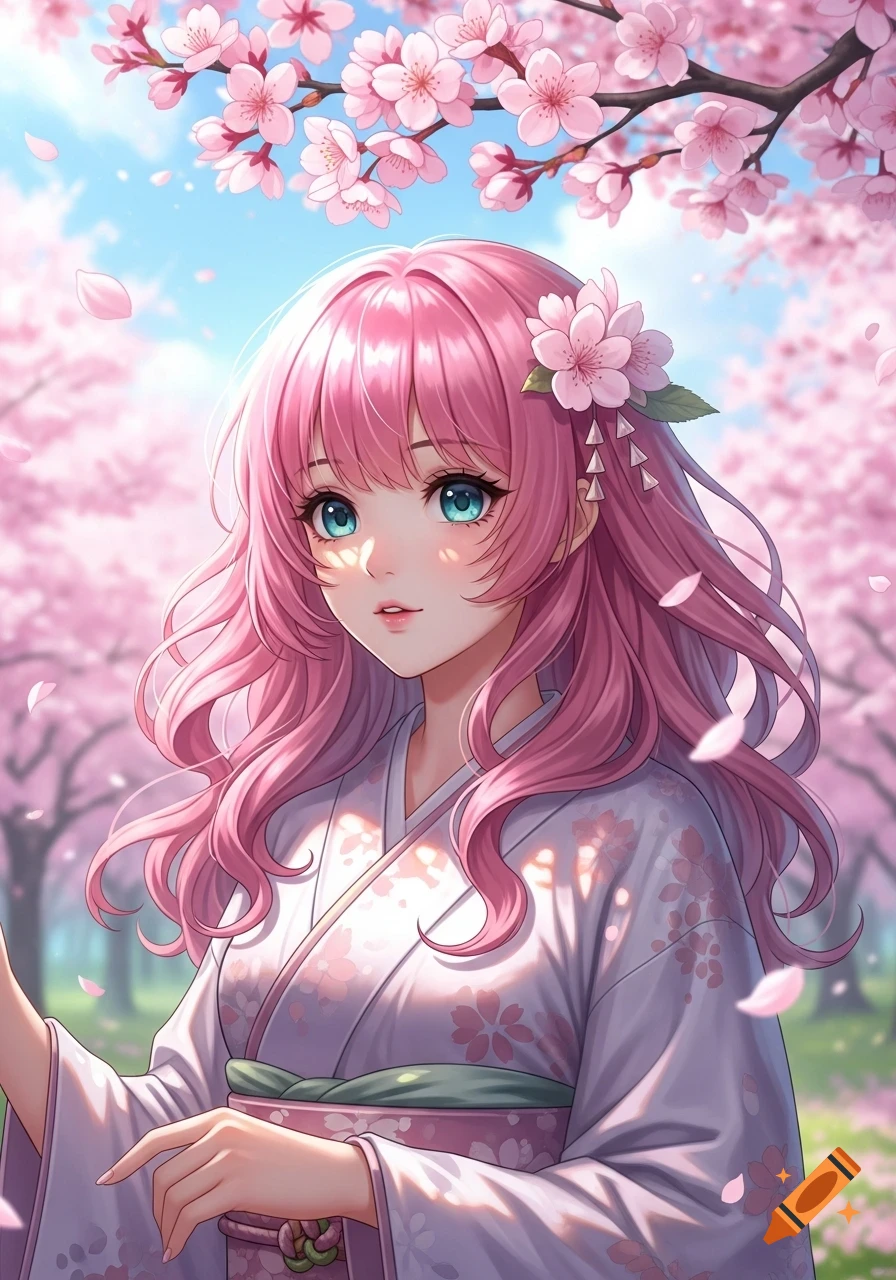 Anime girl with pink hair and blue eyes in a kimono, standing amidst falling pink cherry blossoms under a blue sky.