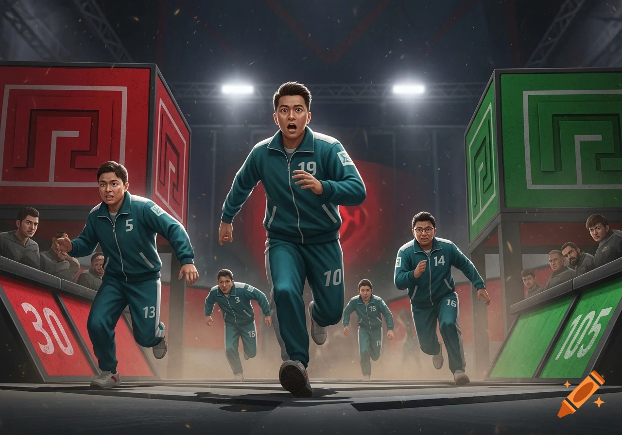 Men in teal tracksuits with numbers running intensely in a game show arena resembling Squid Game, with large colored blocks and spectators.