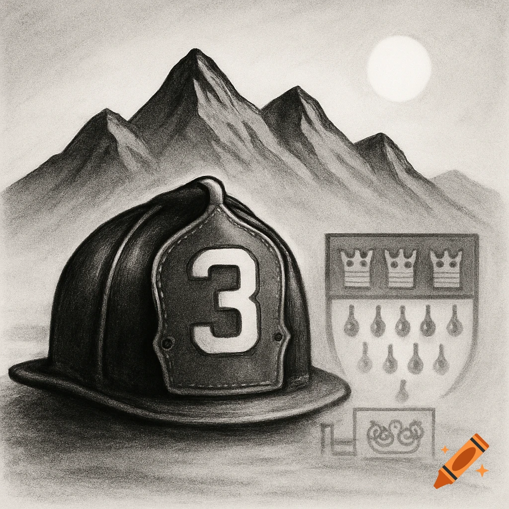 A black and white pencil drawing of a firefighter helmet with the number 3, mountains, a sun, and the Cologne coat of arms.