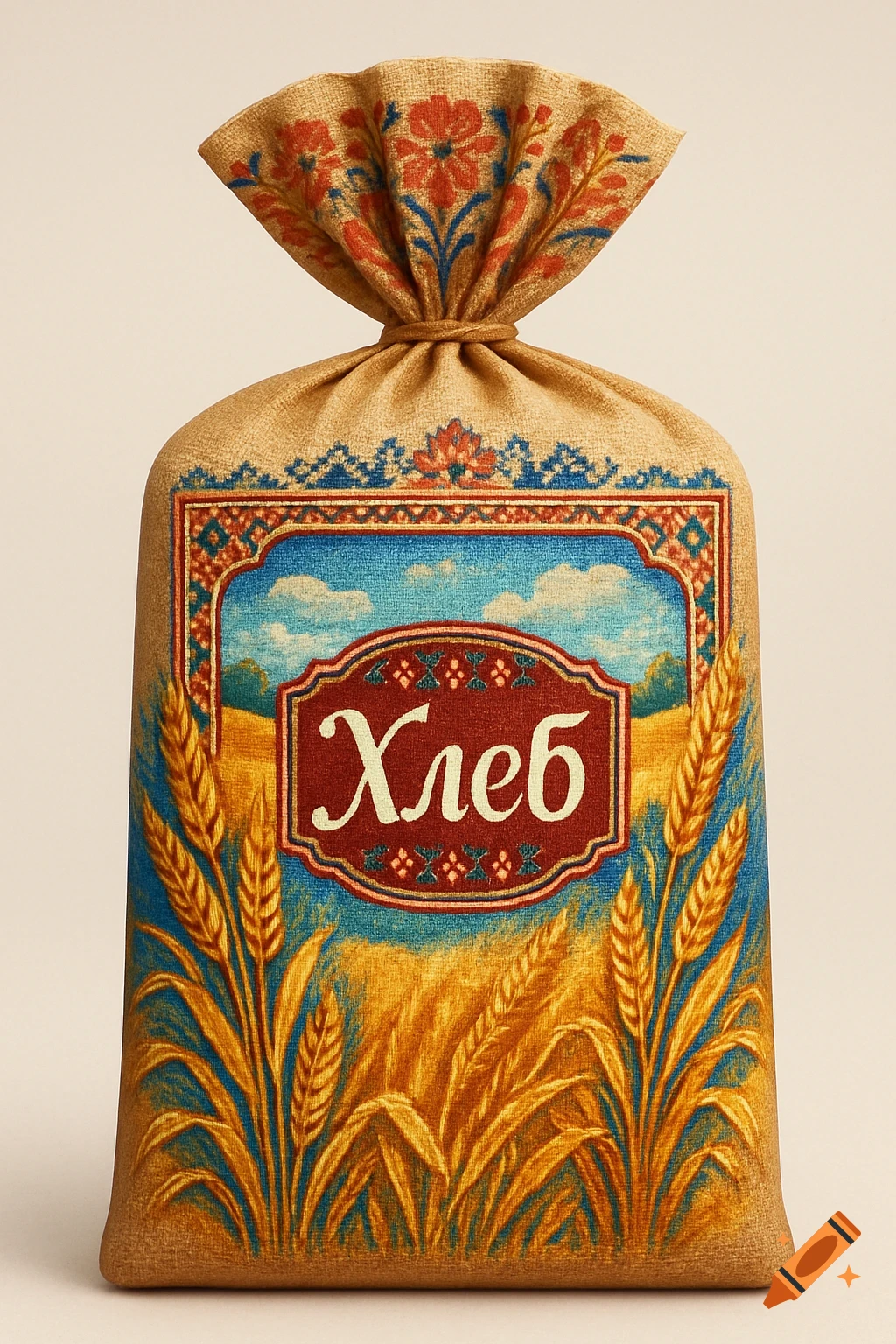 A rustic burlap bag with a wheat field design and the Russian word "Хлеб" (Bread) on a label, tied at the top.