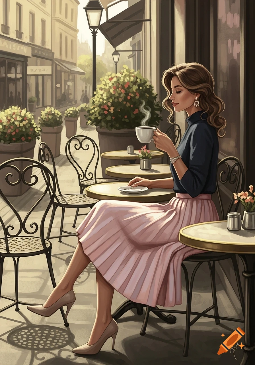 An illustration of a woman in a pleated pink skirt and dark blue top sipping coffee at an outdoor cafe table in a European city.