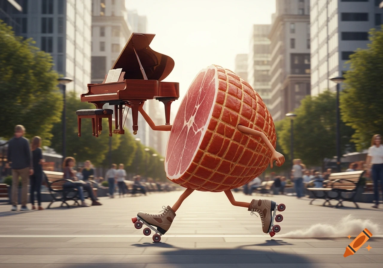 A photorealistic image of a cartoonish ham on roller skates, holding a grand piano, running down a sunny city street.