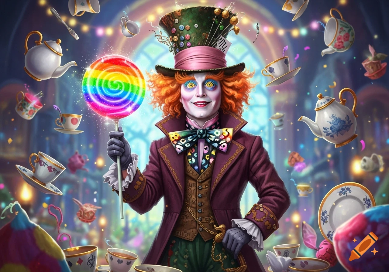 The Mad Hatter with orange hair and exaggerated makeup holds a rainbow lollipop, surrounded by floating teacups and teapots in a whimsical, colorful setting.