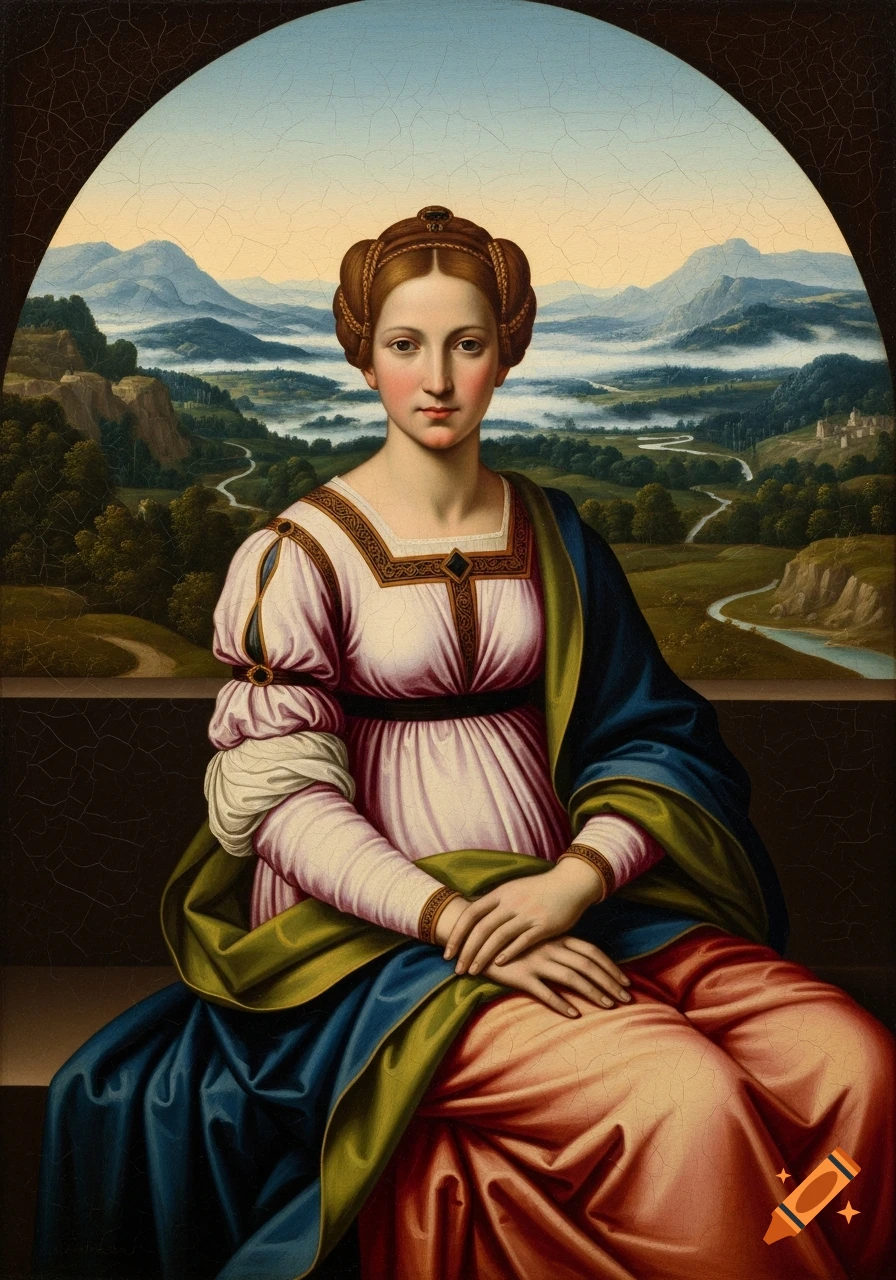 Portrait of a woman in Renaissance style, seated before a misty, mountainous landscape, featuring crackle texture.