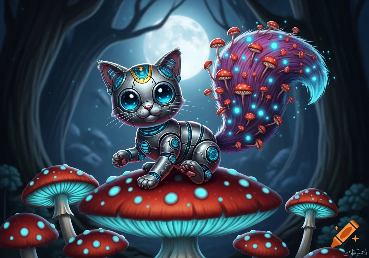 A cute stylized robotic cat with blue eyes sits on a red mushroom in a dark forest under a full moon. Its fluffy purple tail is covered in small mushrooms and glowing blue dots.