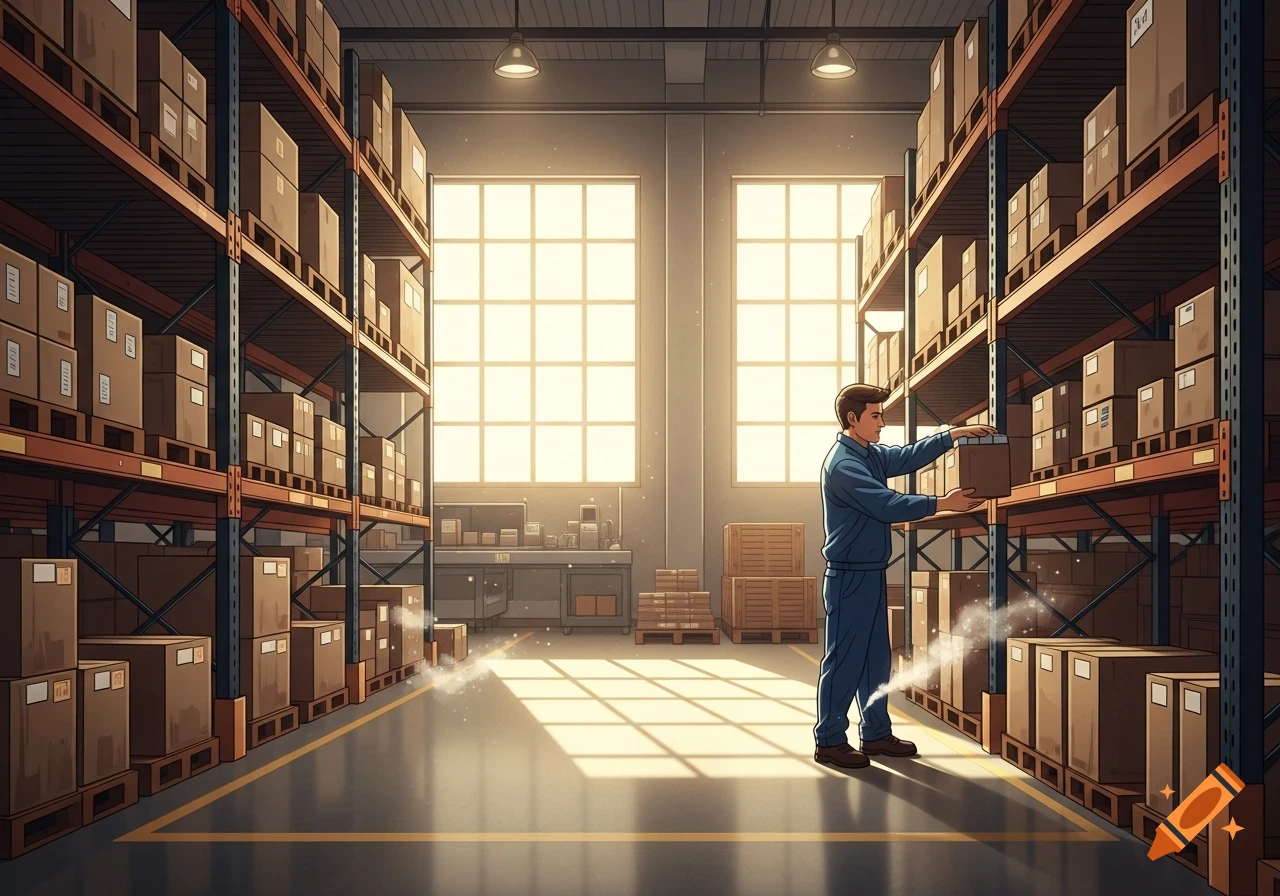 A man in blue uniform stocking shelves with cardboard boxes in a well-lit warehouse with large windows.