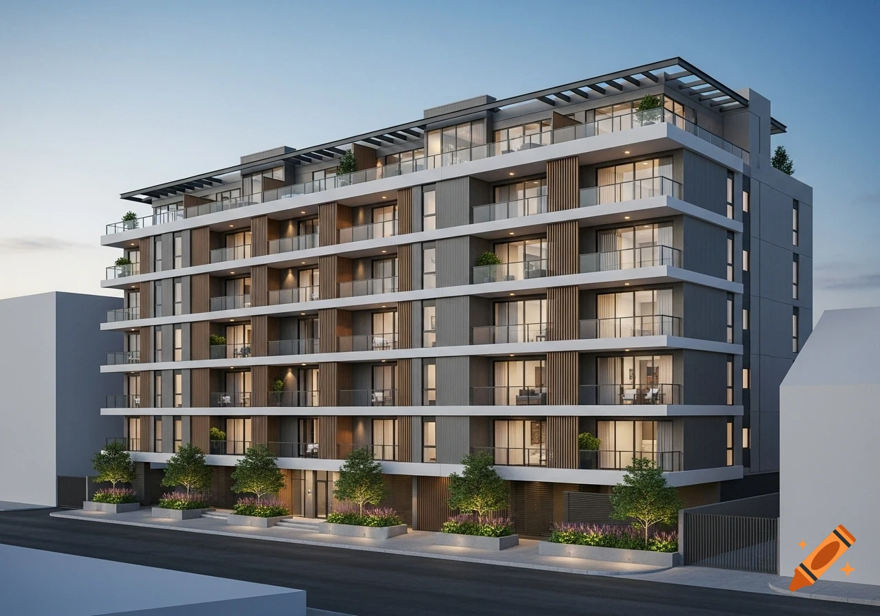 Modern 5-story apartment building with balconies, large windows, and ground-level landscaping at dusk.