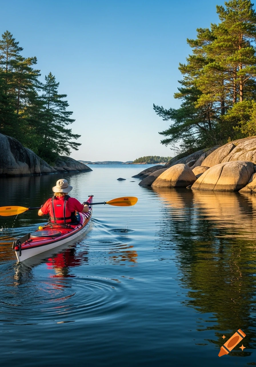 A person in a red kayak paddles through calm water between rocky shores lined with pine trees under a clear blue sky.