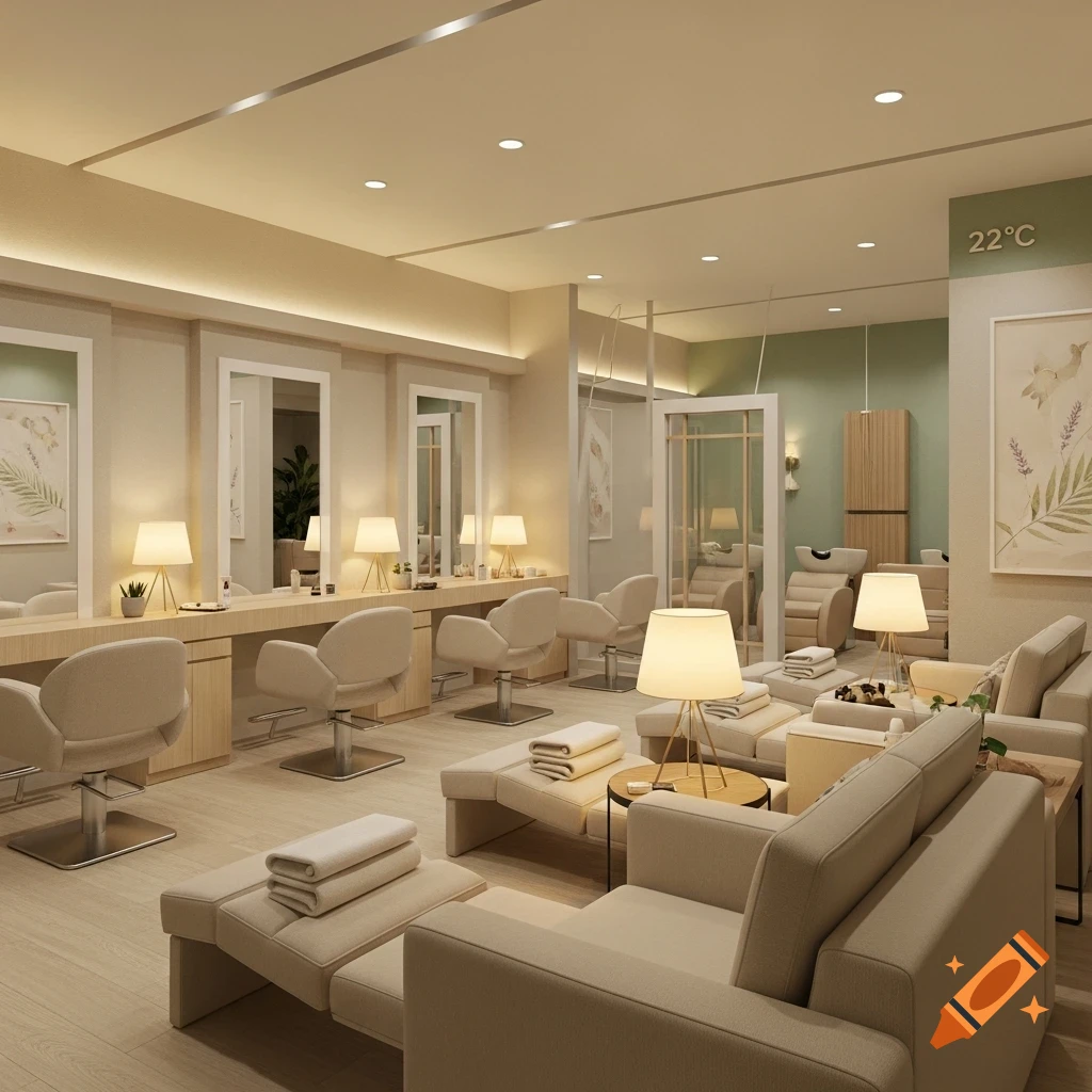 A photorealistic interior view of a serene beauty salon with light furniture, warm lighting, and a 22 R C temperature display.