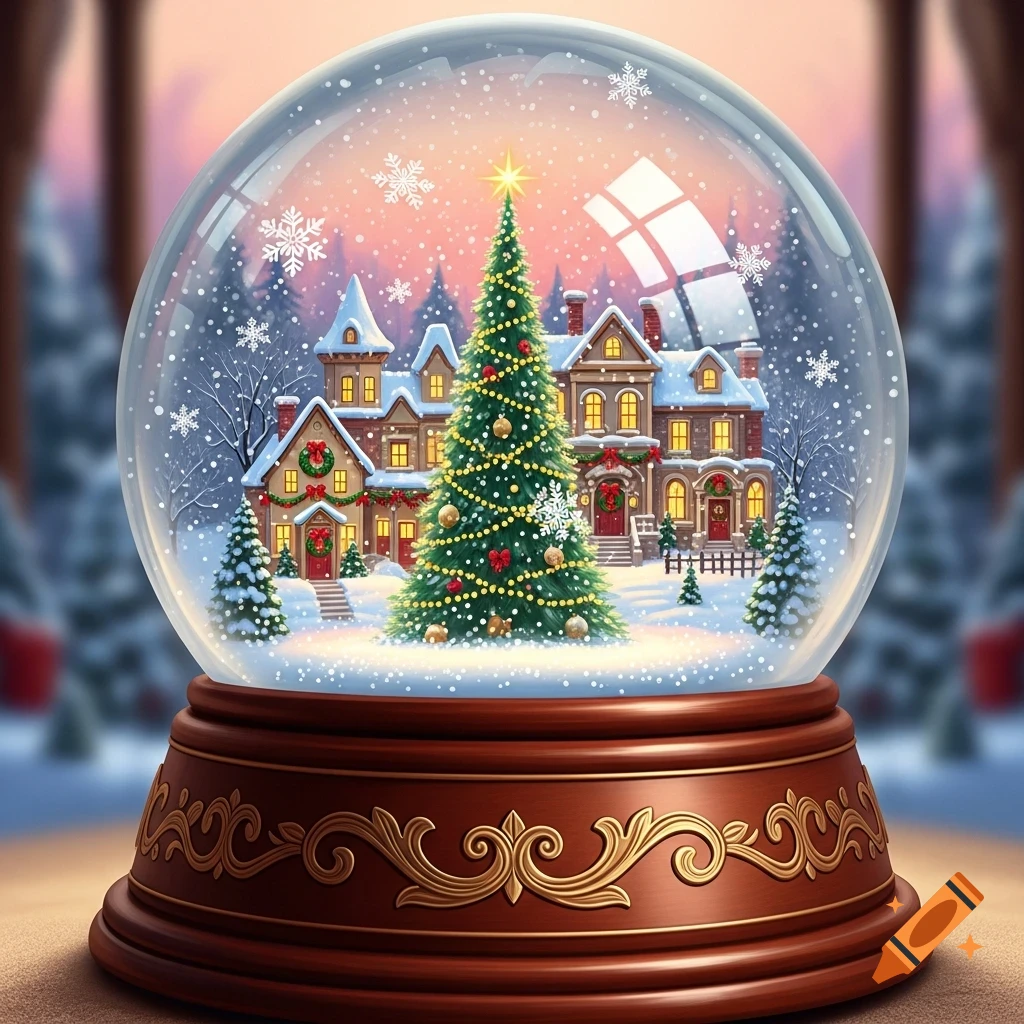 A detailed Christmas snow globe with a festive snowy village scene ...