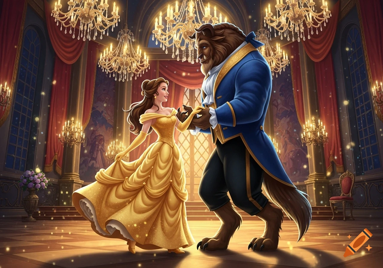 Belle in a gold gown and the Beast in a blue suit dance in a grand ballroom under chandeliers, animated style.