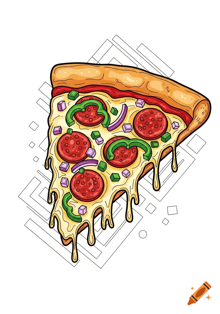 A colorful cartoon slice of pepperoni pizza with melted cheese, green bell peppers, and red onions, on a white background with geometric patterns.