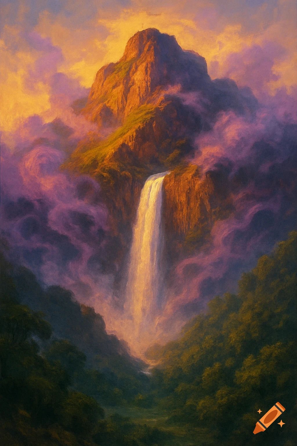 A vibrant, painterly landscape depicting a towering mountain with a grand waterfall flowing into a valley, surrounded by purple and orange clouds.