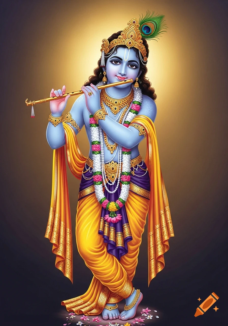 Vibrant illustration of blue-skinned Krishna playing a golden flute, adorned with jewelry, flowers, and a peacock feather.