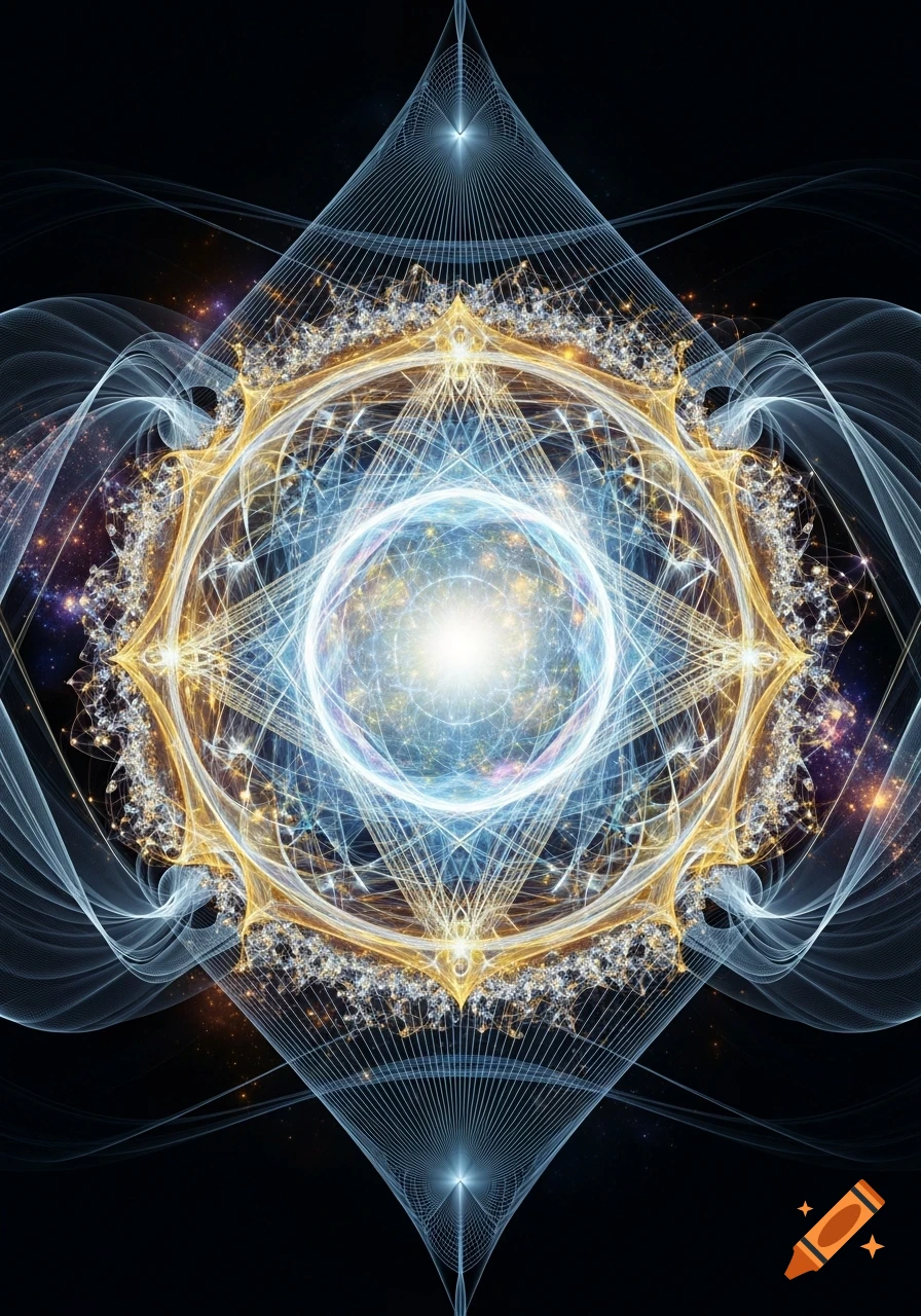 A luminous, intricate abstract design with glowing blue and gold lines radiating from a bright central sphere against a dark, starry background.