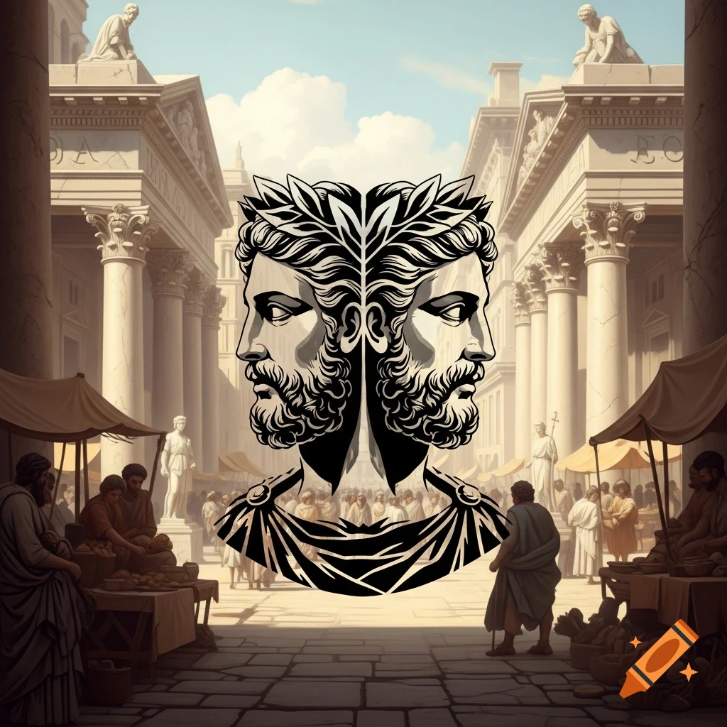 A stencil-style double-headed Roman god Janus floats over a blurred background of an ancient Roman market with classical architecture.