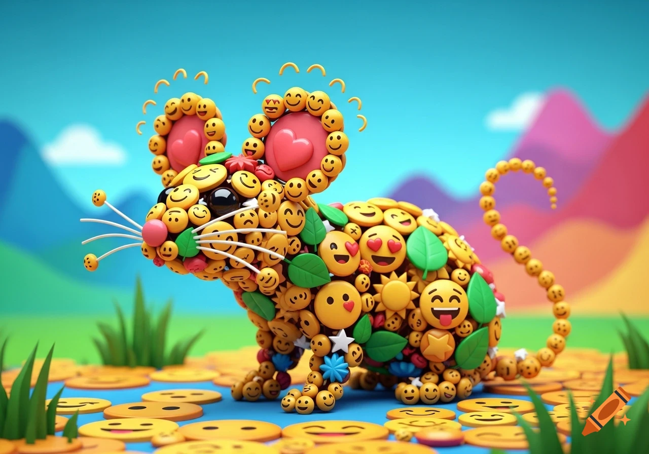 A whimsical mouse figurine made of numerous colorful emojis, including smiley faces, hearts, and stars, stands on an emoji-covered ground.