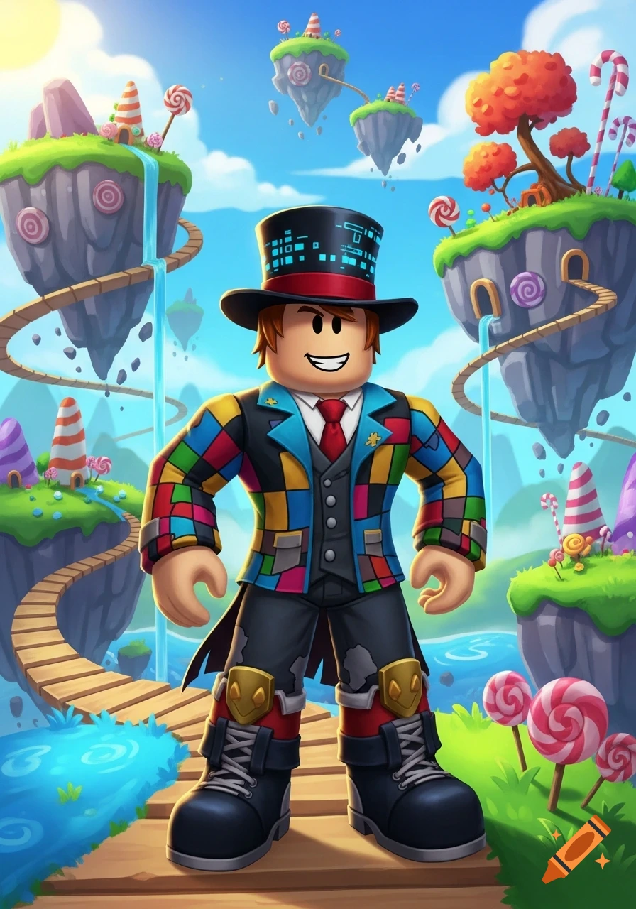 Dandy, a colorful Roblox-style character, stands on a path in a vibrant, cartoon candy world with floating islands.
