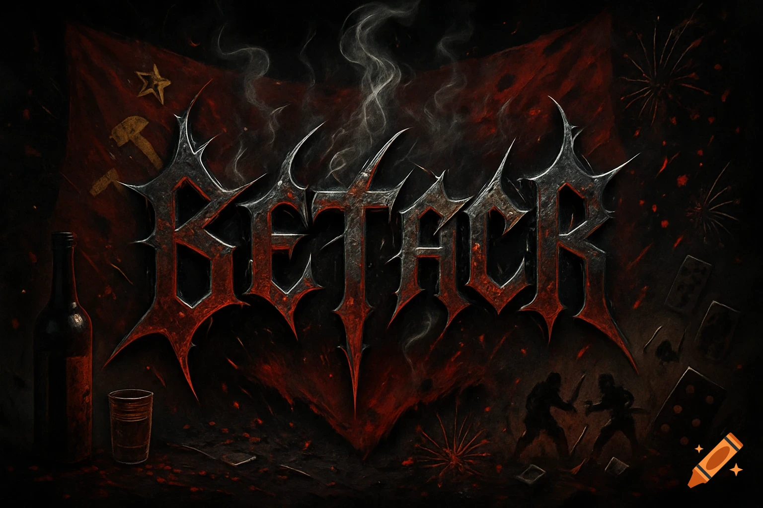 A dark, aggressive image featuring the stylized, jagged metal text "BETAHR" in red and black, set against a worn, faded Soviet flag with chaotic elements like fighting silhouettes, a bottle, and playing cards.