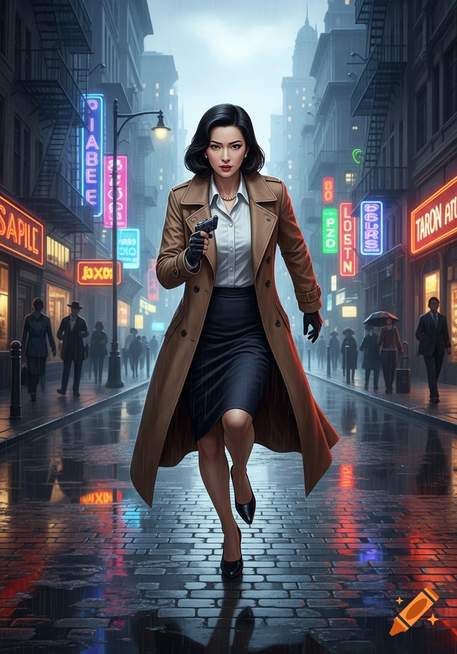 An illustrated Asian woman in a trench coat runs down a rainy city street at night, holding a gun, with neon signs.
