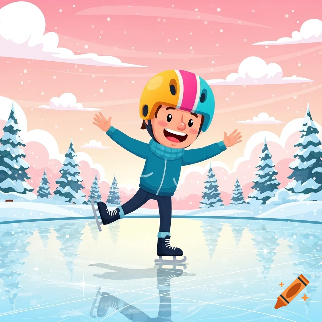 A happy cartoon child in a multi-colored helmet and blue jacket ice skates on a frozen lake with snowy trees and a pink sky.