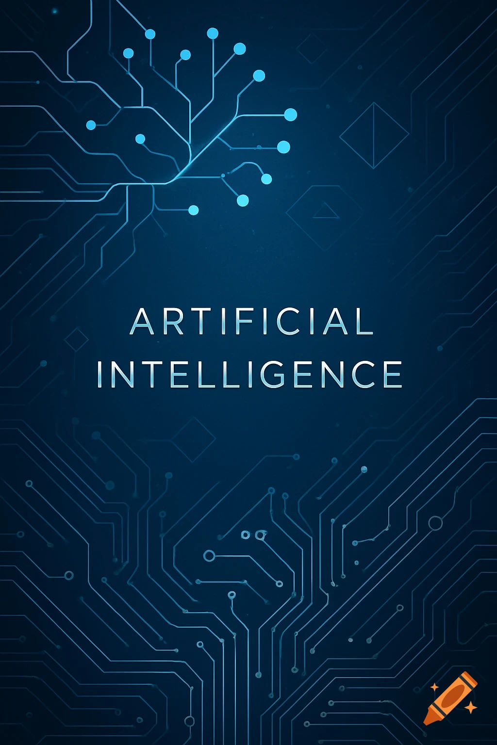 A dark blue background featuring glowing light blue circuit board patterns with the text 'ARTIFICIAL INTELLIGENCE' centered.