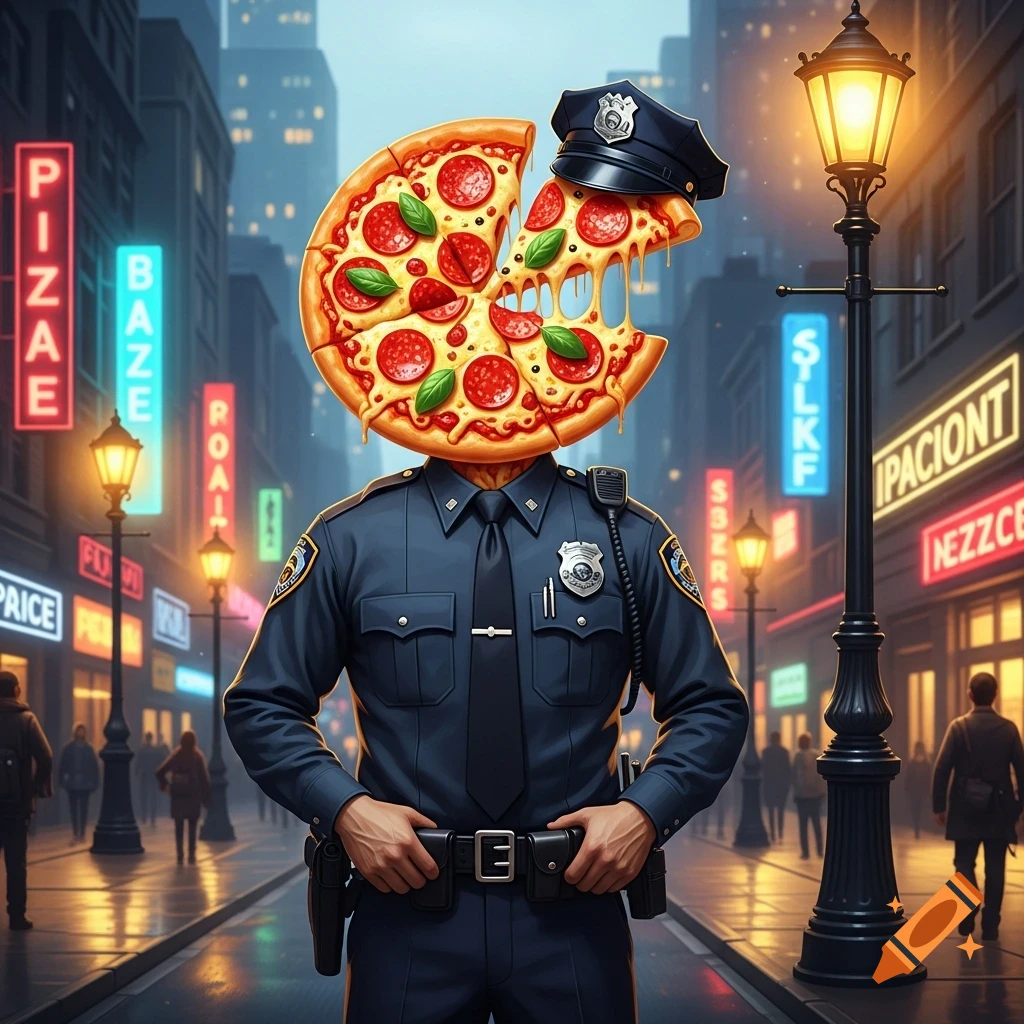 A police officer with a pepperoni pizza head and hat stands on a city street at night with neon signs. Digital art.
