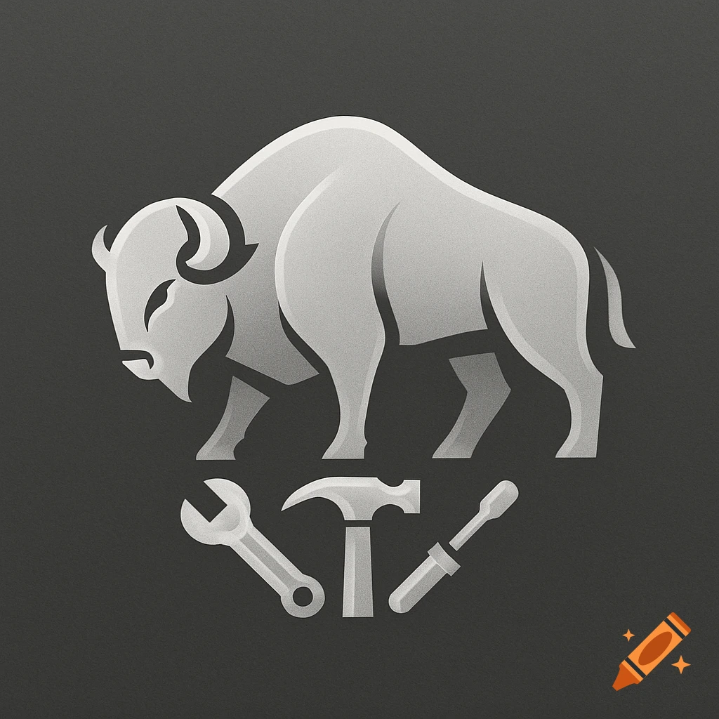 Simplified white bison logo above a wrench, hammer, and screwdriver on a dark gray background.