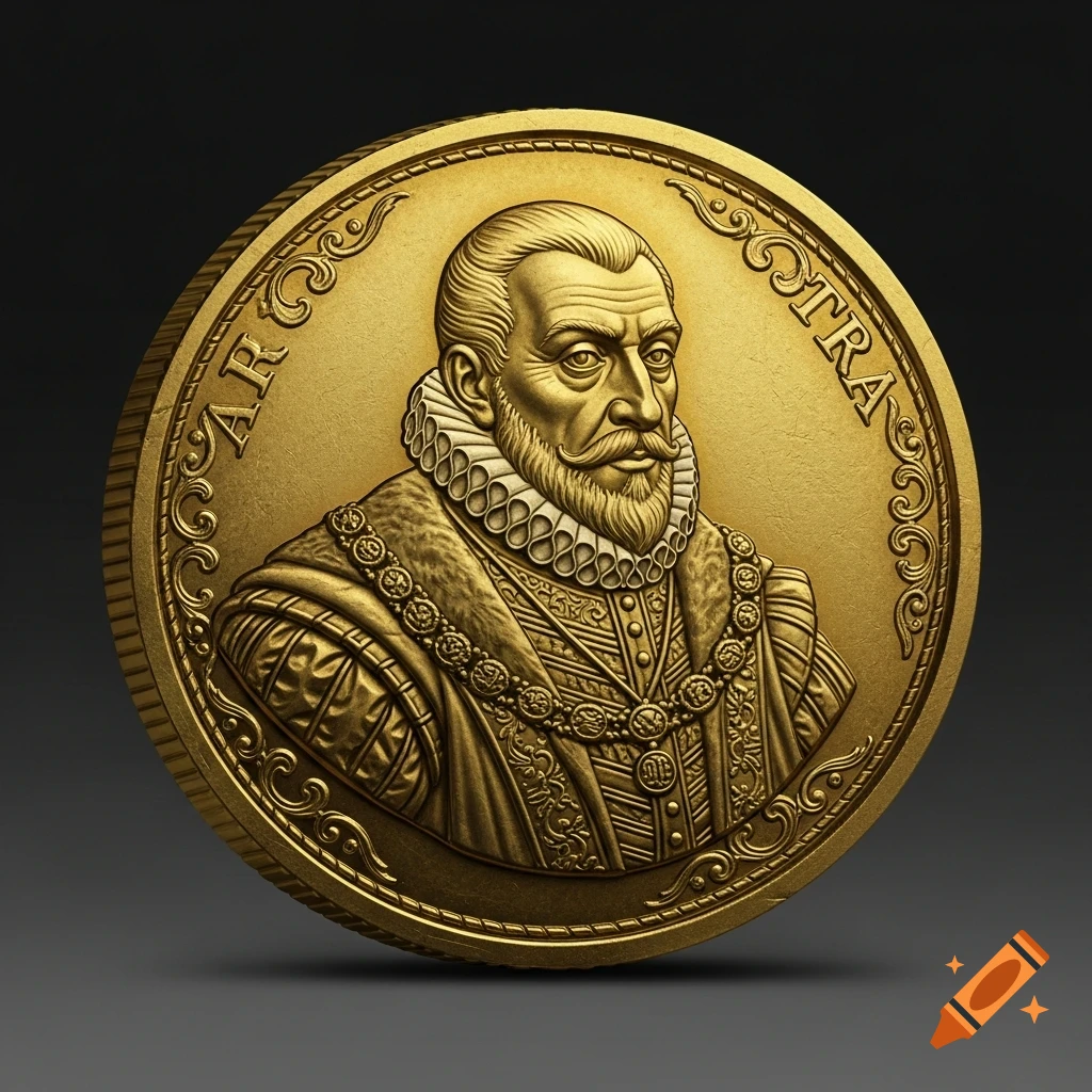 A detailed gold treasure coin depicting a 16th-century noble with a beard and ruffle collar in concept art style.