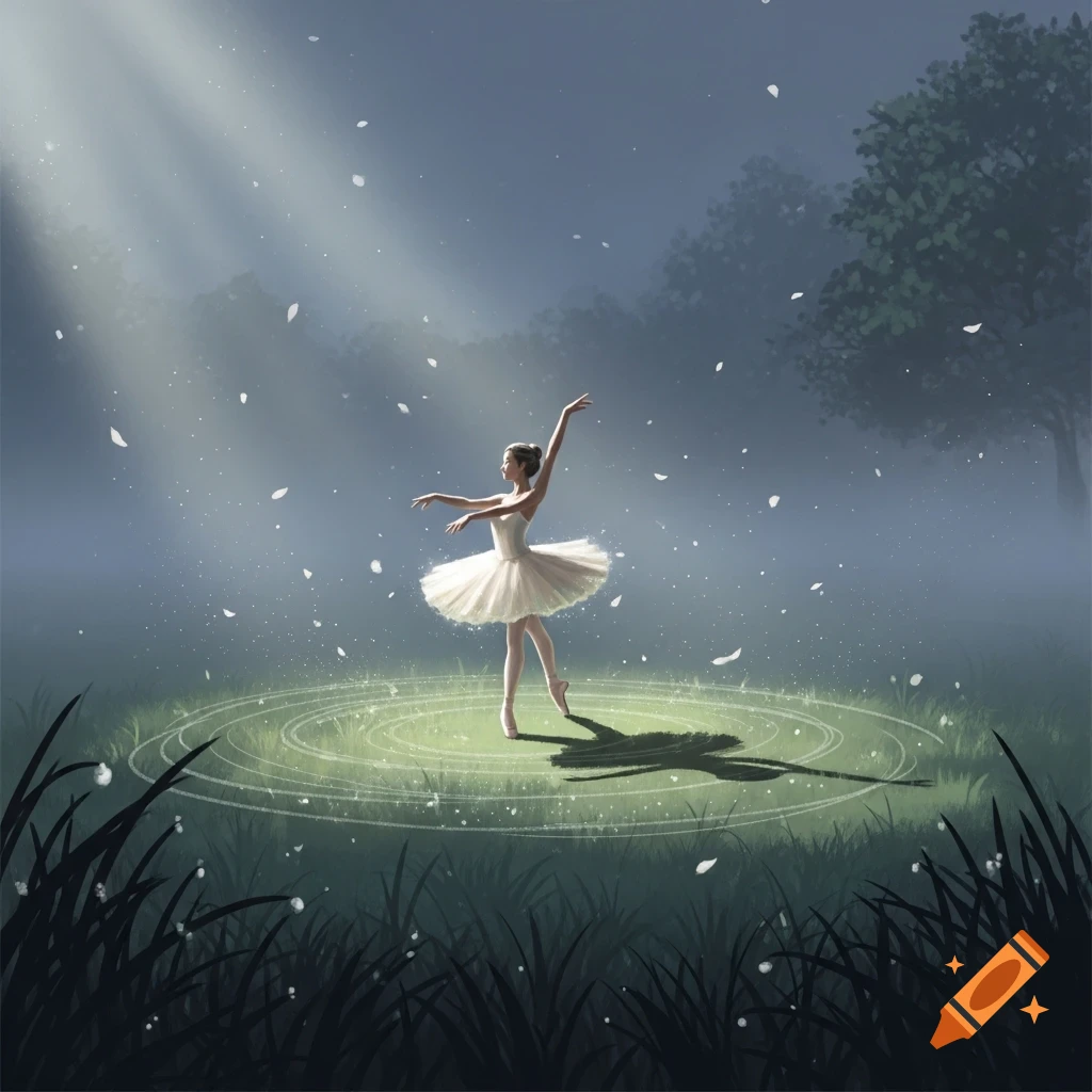 An illustrated ballerina performs in a magical forest clearing illuminated by spotlights and falling particles.