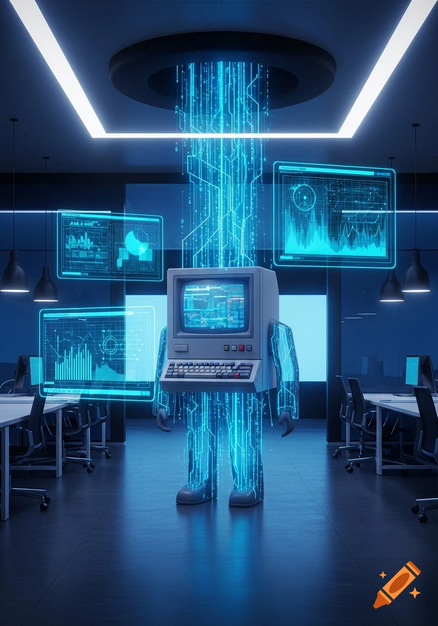 A retro computer with glowing data stream limbs stands in a futuristic office, surrounded by holographic screens displaying charts and graphs.