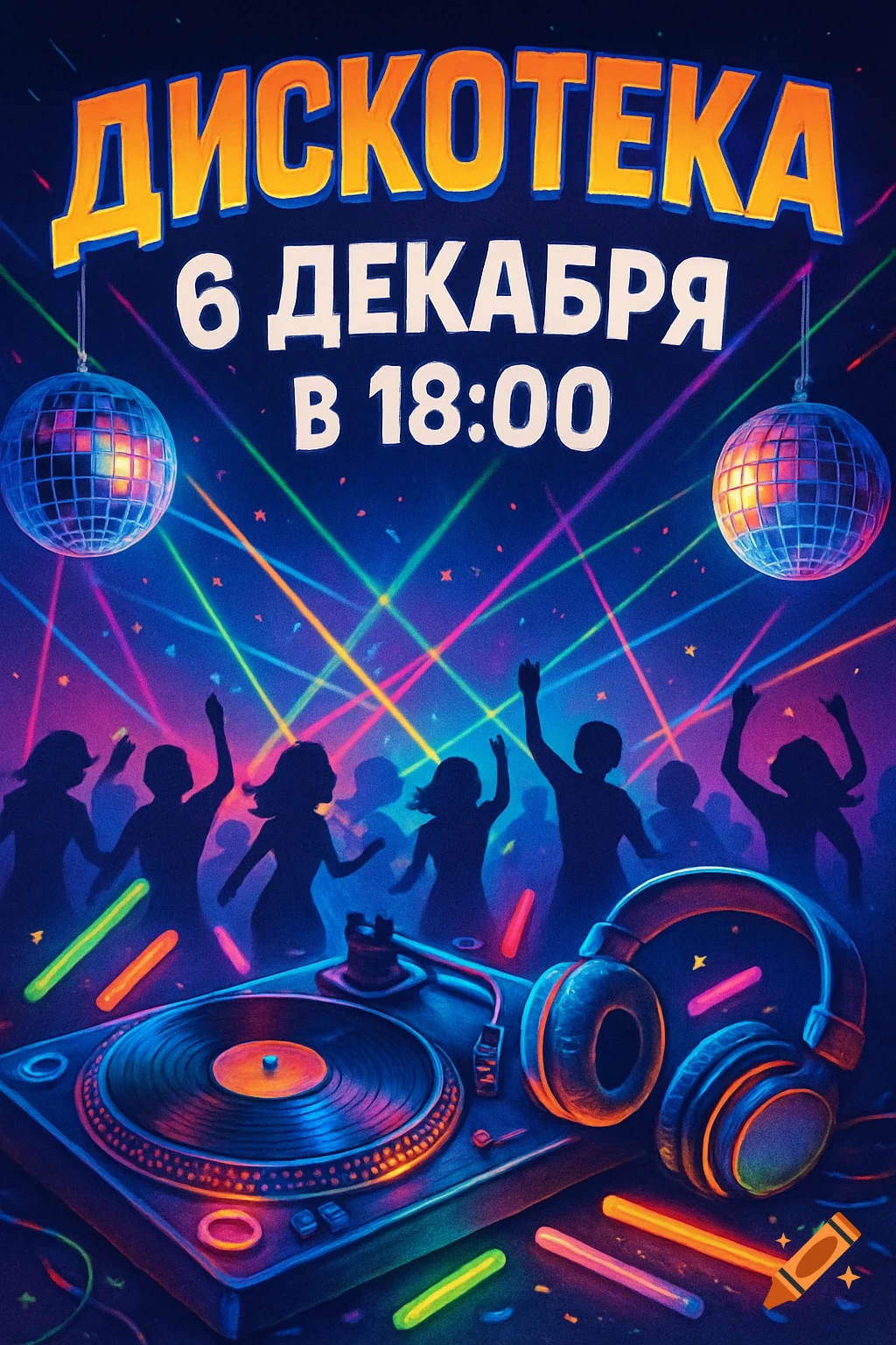 Vibrant neon disco event poster with Russian text, disco balls, dancing silhouettes, a turntable, headphones, and glow sticks.
