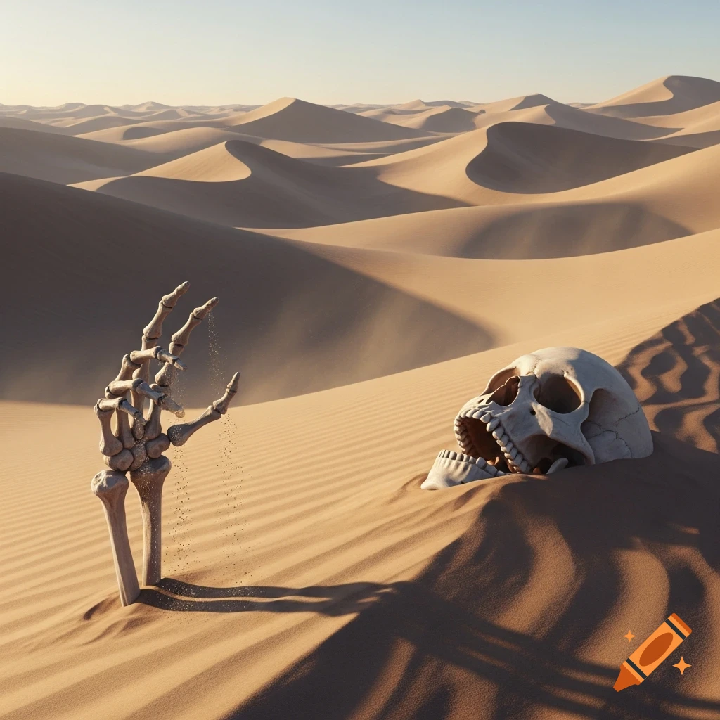 A skeletal hand and skull partially buried in a vast desert of sand dunes under a clear sky.