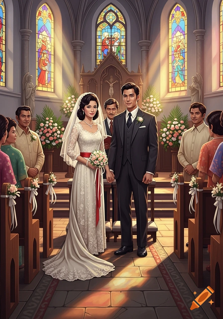 A Chinese couple in wedding attire stands at the altar, holding hands in a church with stained glass windows, surrounded by guests. Digital art.