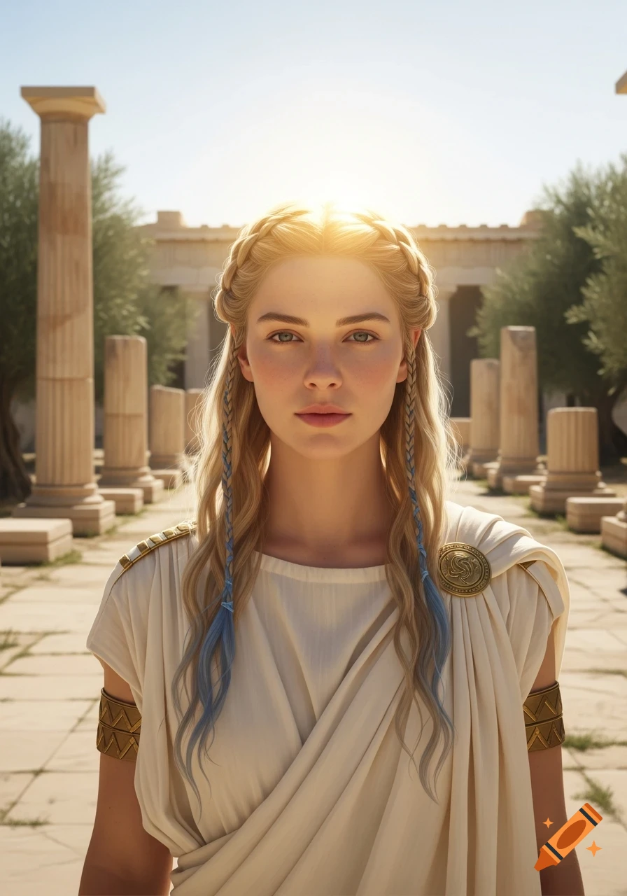 A photorealistic portrait of a young woman in ancient Greek attire with braided blonde and blue hair, under a golden glow, standing in ruins.