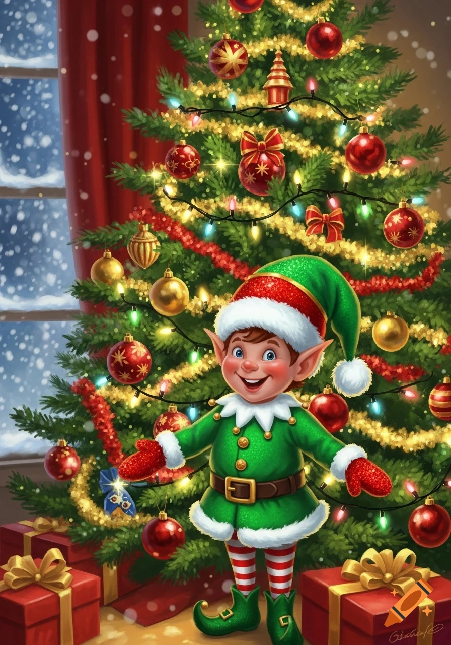 A smiling Christmas elf in a green suit stands by a decorated Christmas tree with presents, as snow falls outside a window.