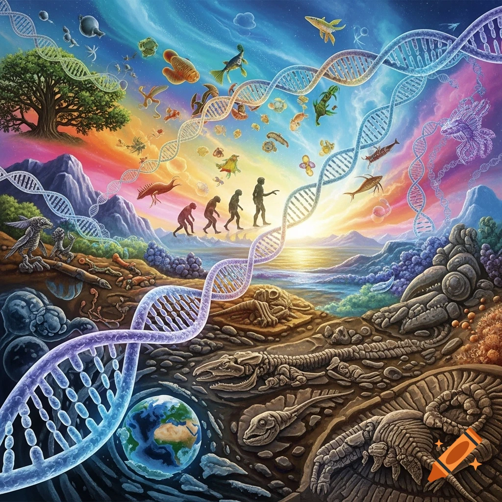 A vivid painting showing the evolution of life, with DNA strands, ancient fossils, humans, and diverse creatures under a colorful sky.