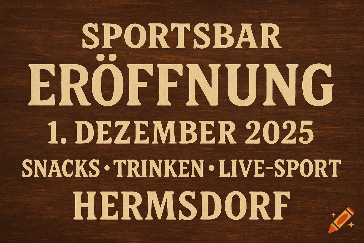 German advertisement on a dark wooden sign for a sports bar opening, listing 'Sportsbar Eröffnung', '1. Dezember 2025', 'Snacks • Trinken • Live-Sport', and 'Hermsdorf'.