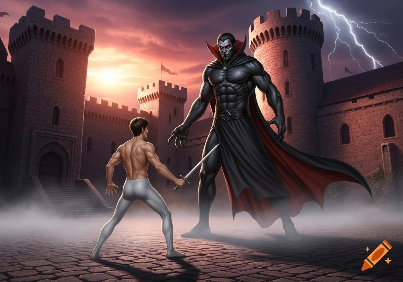 A muscular man with a sword confronts a towering, muscular black vampire in front of a stone castle under a dramatic, lightning-streaked sky.