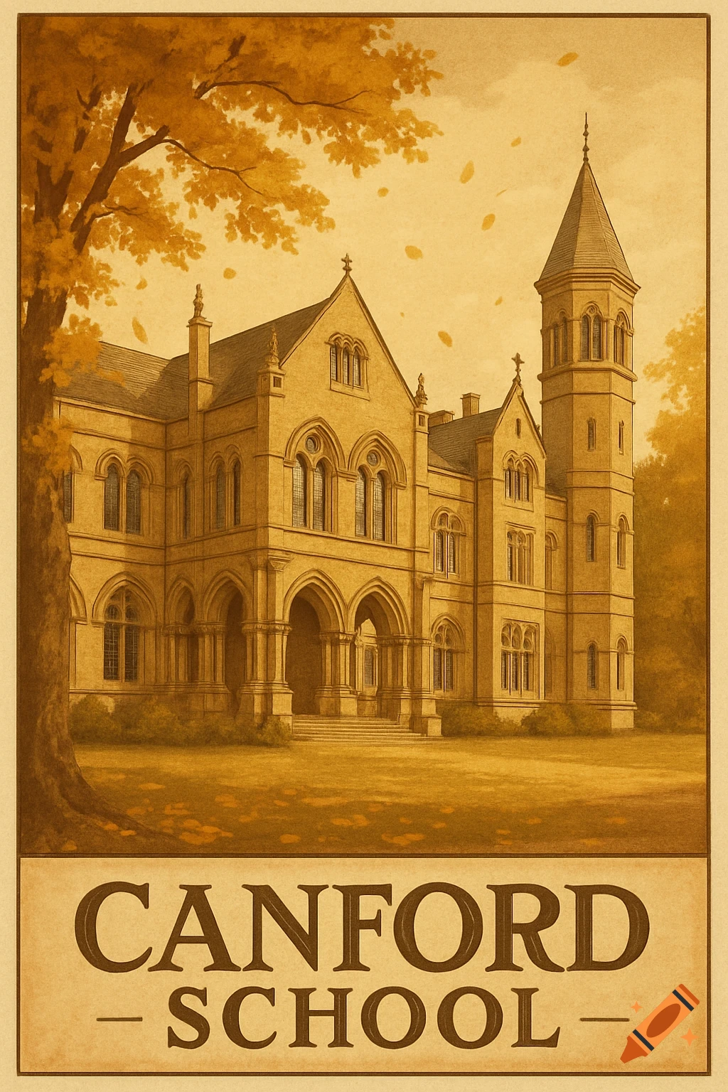 Vintage poster of Canford School building with a tower, set in autumn with golden leaves. Text reads 'CANFORD SCHOOL'.