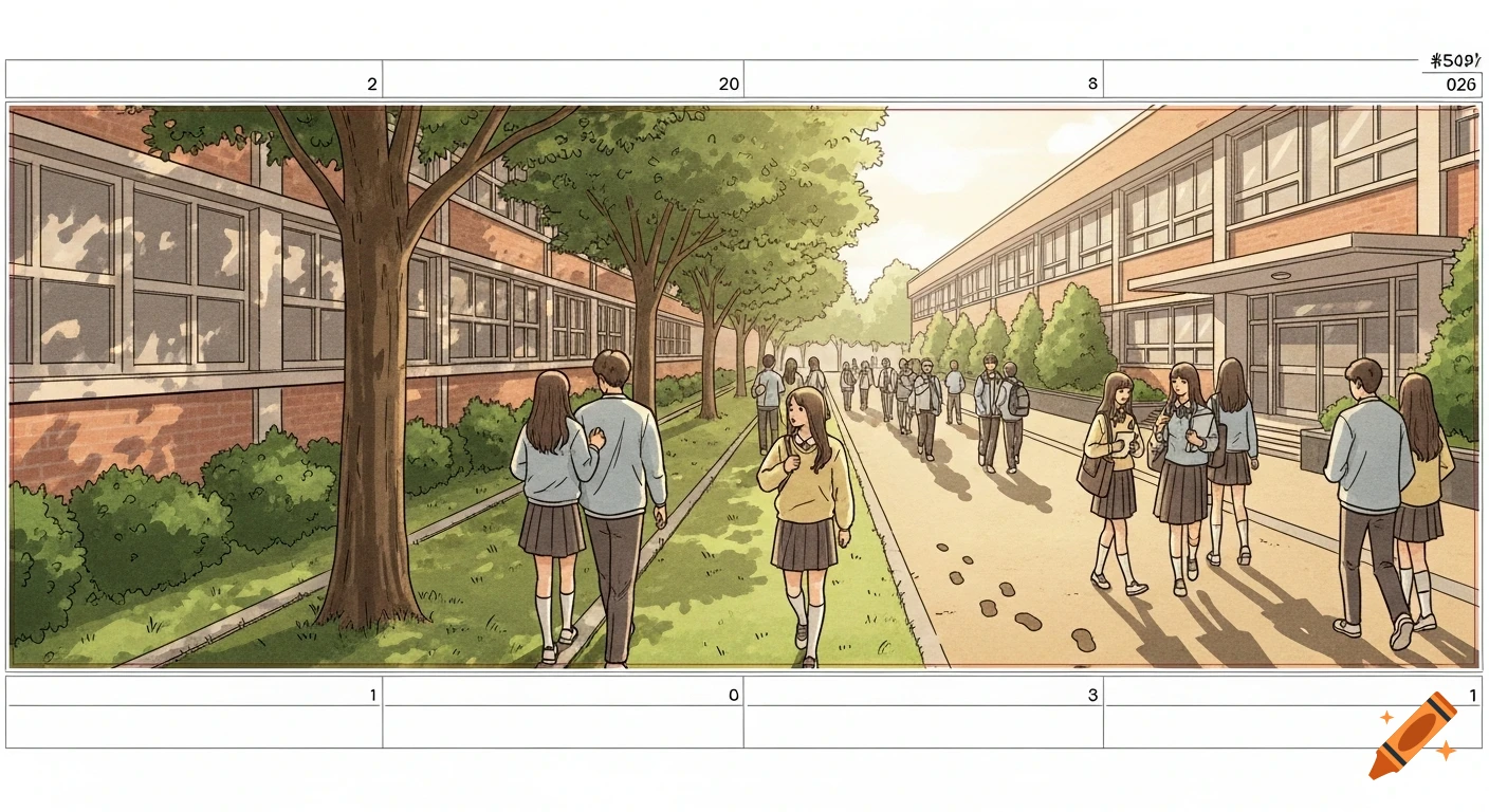 Pencil sketch storyboard frame showing Korean high school students walking outside school buildings in warm afternoon light.