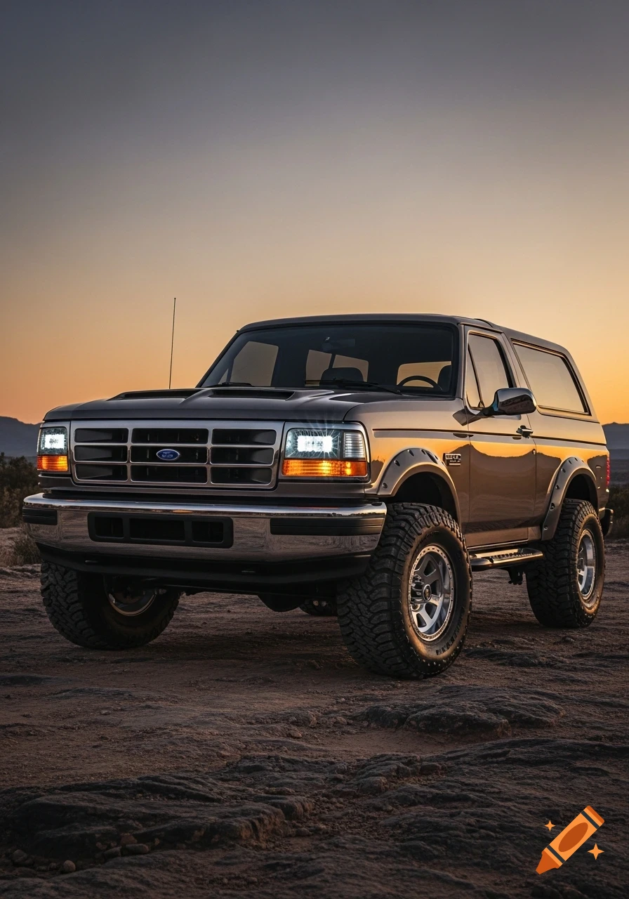 A dark gray Ford Bronco with modern headlights and wide fenders is parked on a rocky, dry landscape at sunset.