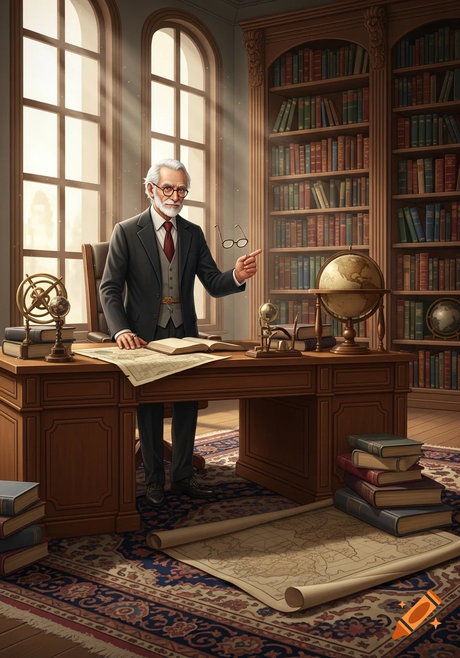 A distinguished, gray-haired professor with glasses stands behind a wooden desk in a sunlit library, pointing. Globes and books fill the room.