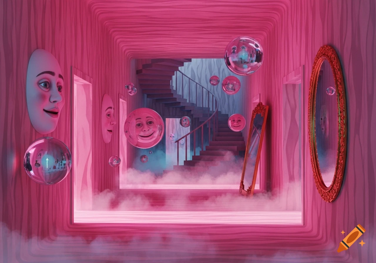 A pink, surreal hallway features mask-like faces on walls, floating smiley-faced bubbles, and ornate mirrors, with stairs leading into a foggy distance.